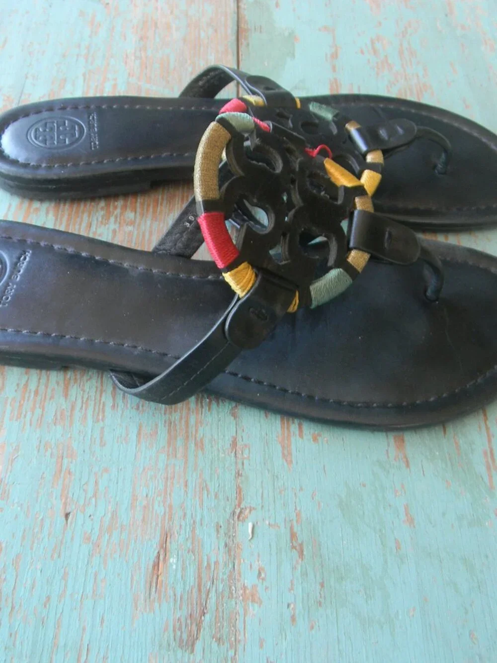 Tory Burch Embroidered Rainbow BLACK LEATHER Miller Sandals  Size 9M